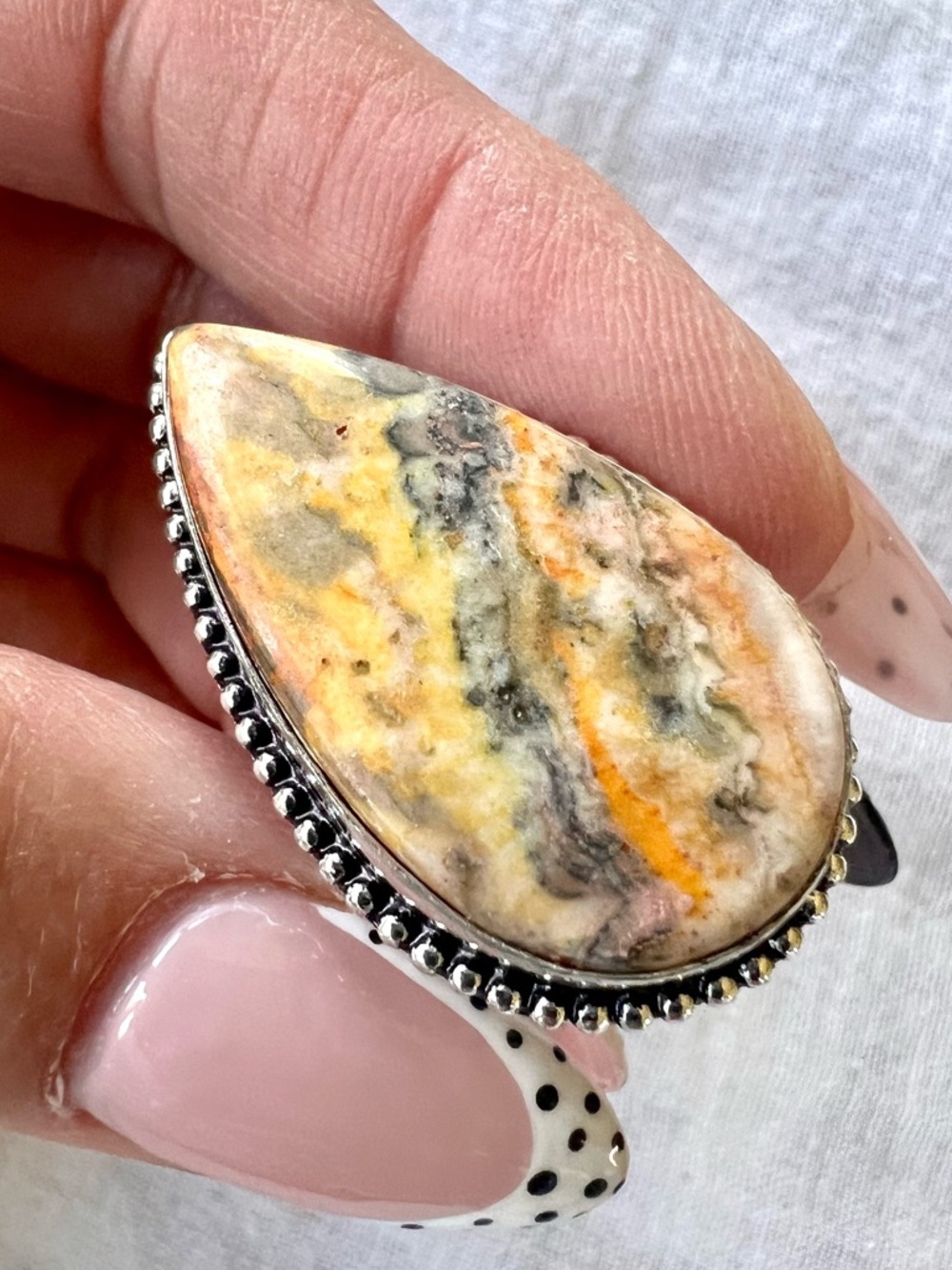 925 Playful Bumble Bee Jasper Teardrop Ring 7.5